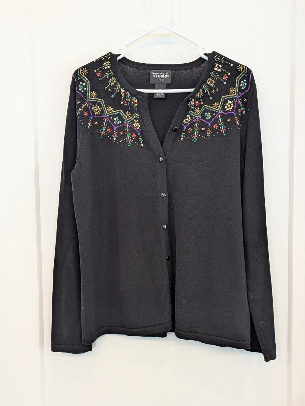 Vtg Studio Joy Medium Black Sweater Cardigan Button Up Beads Sequins Holiday